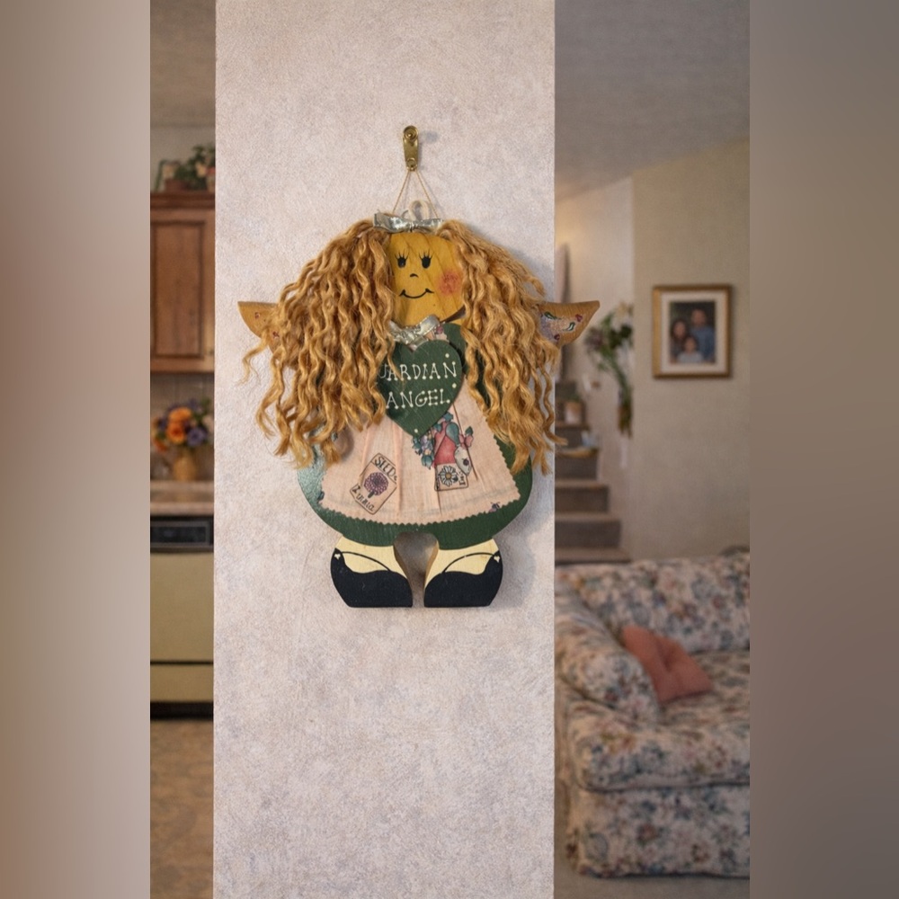 VTG Handmadeโ Guardian Angel Wooden Wall Hanging Green Heart Rustic Decor